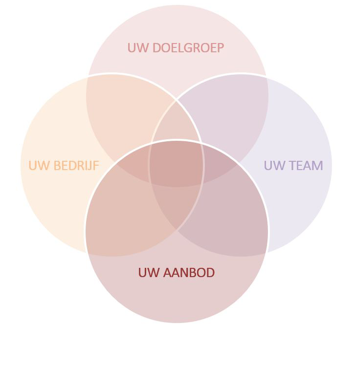 Diagramma met 4 cirkels : Uw bedrijf, Uw Doelgroep, Uw Team, Uw aanbod